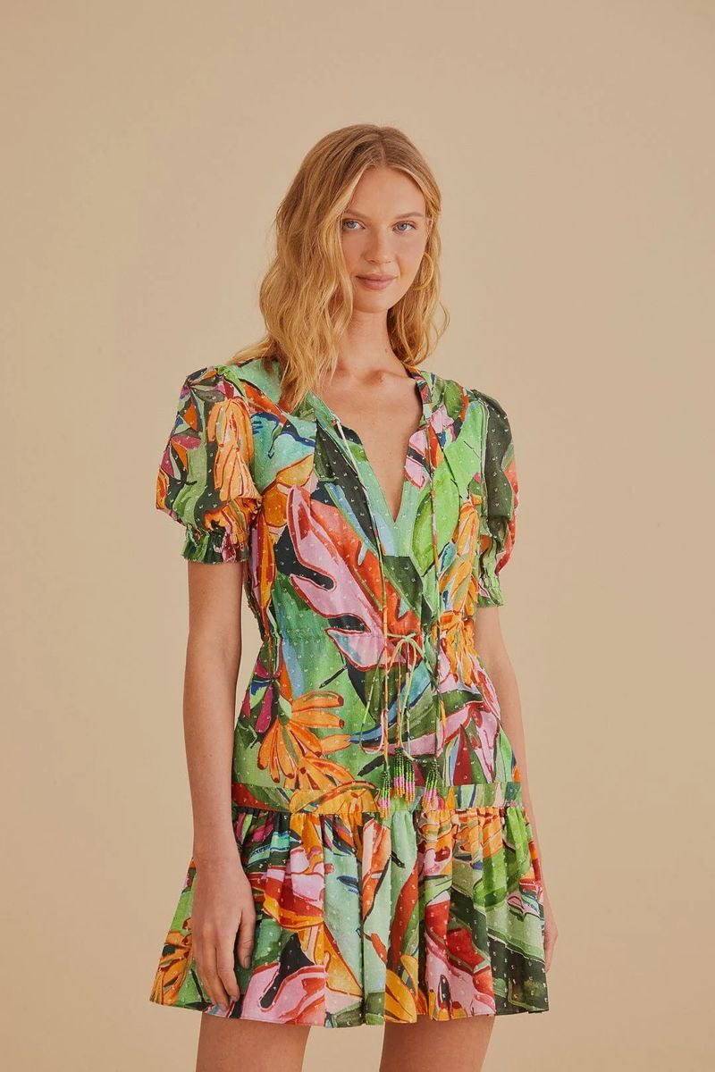 Mini-Kleid mit tropischem Print und Bindebändern