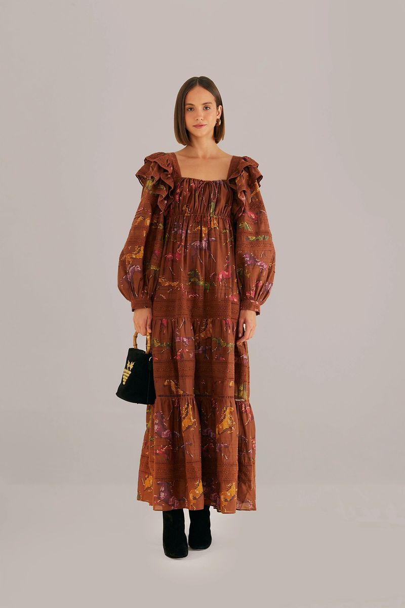 Braunes Maxi-Kleid mit Pferde-Print