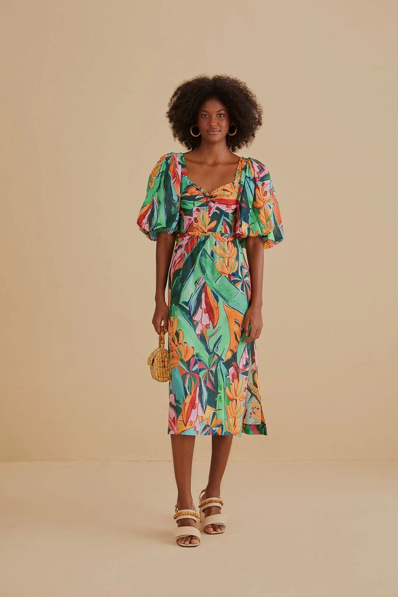Midi-Kleid mit tropischem Print und Puffärmeln