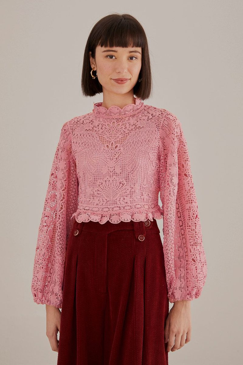 Zartrosa Guipure-Spitzenbluse