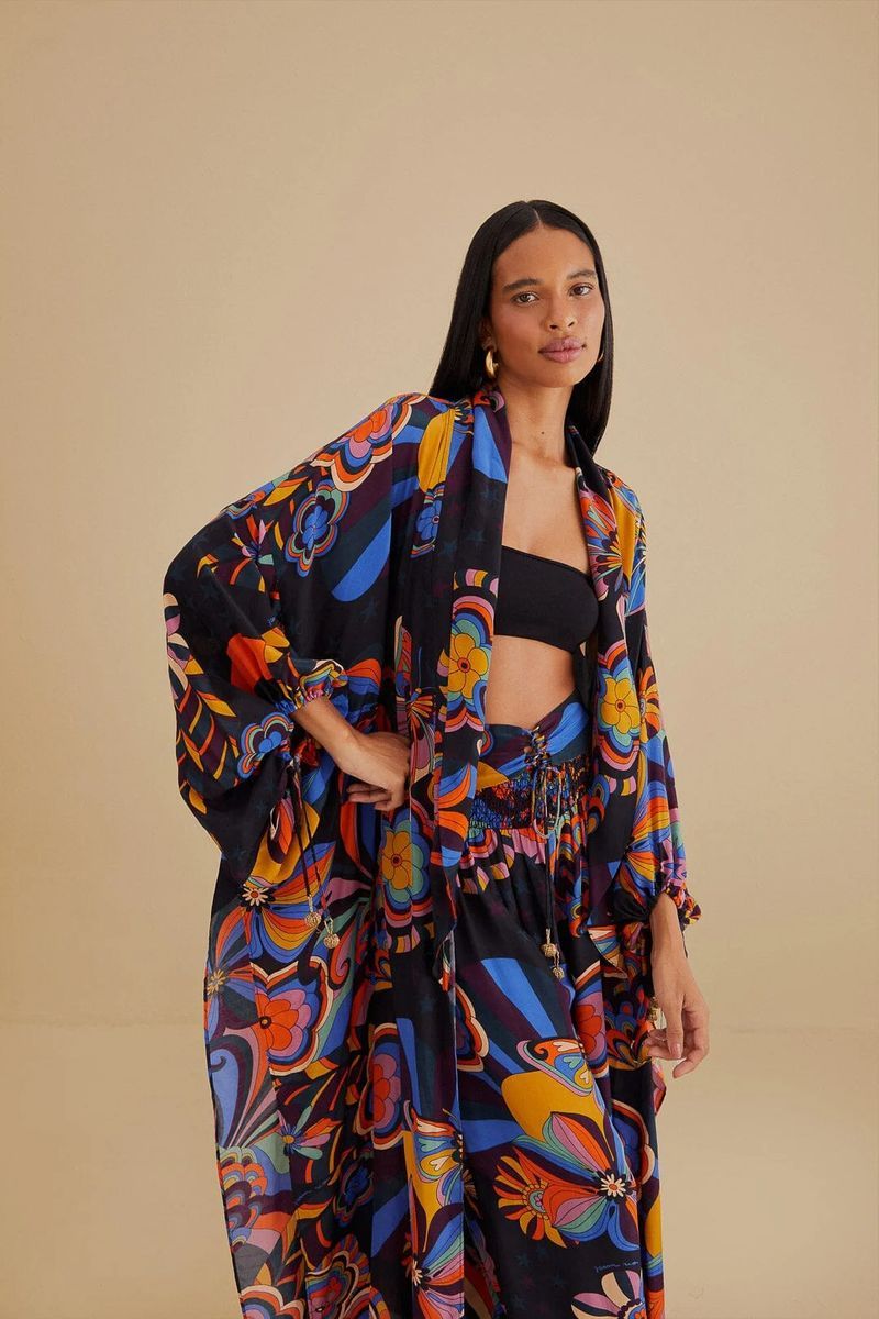 Retro Kimono-Cover-Up mit Blumenmuster