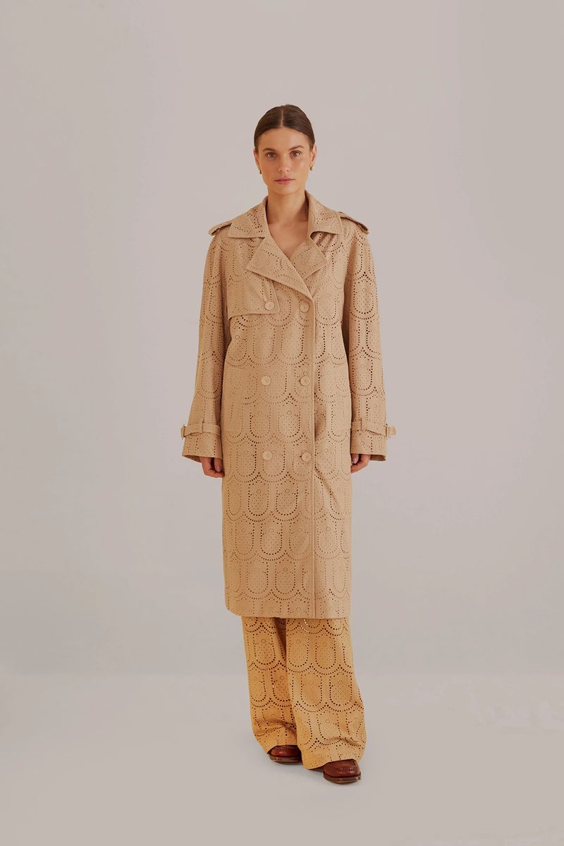 Doppelreihiger Trenchcoat aus Baumwolle mit Lochstickerei