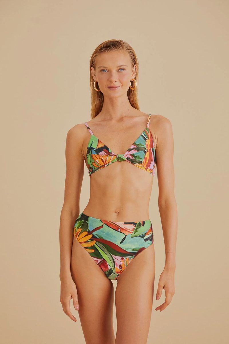 Bikini-Top mit Knotendetail und Blätterprint