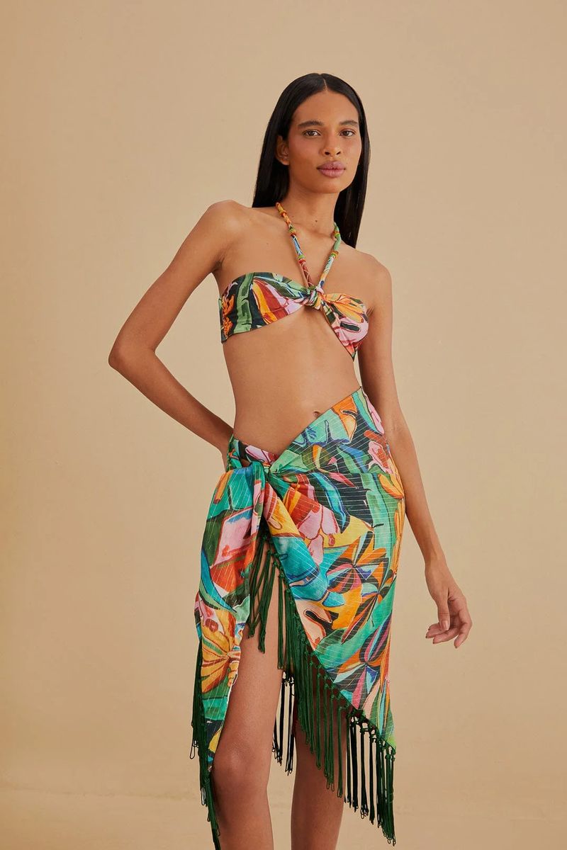 Sarong-Wickelrock mit tropischem Print und Fransen