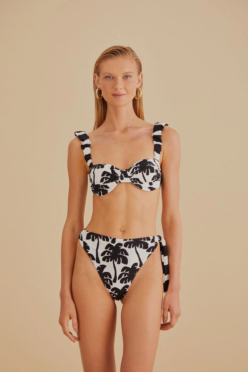 Schwarze und weiße Bikinihose mit Palmenprint