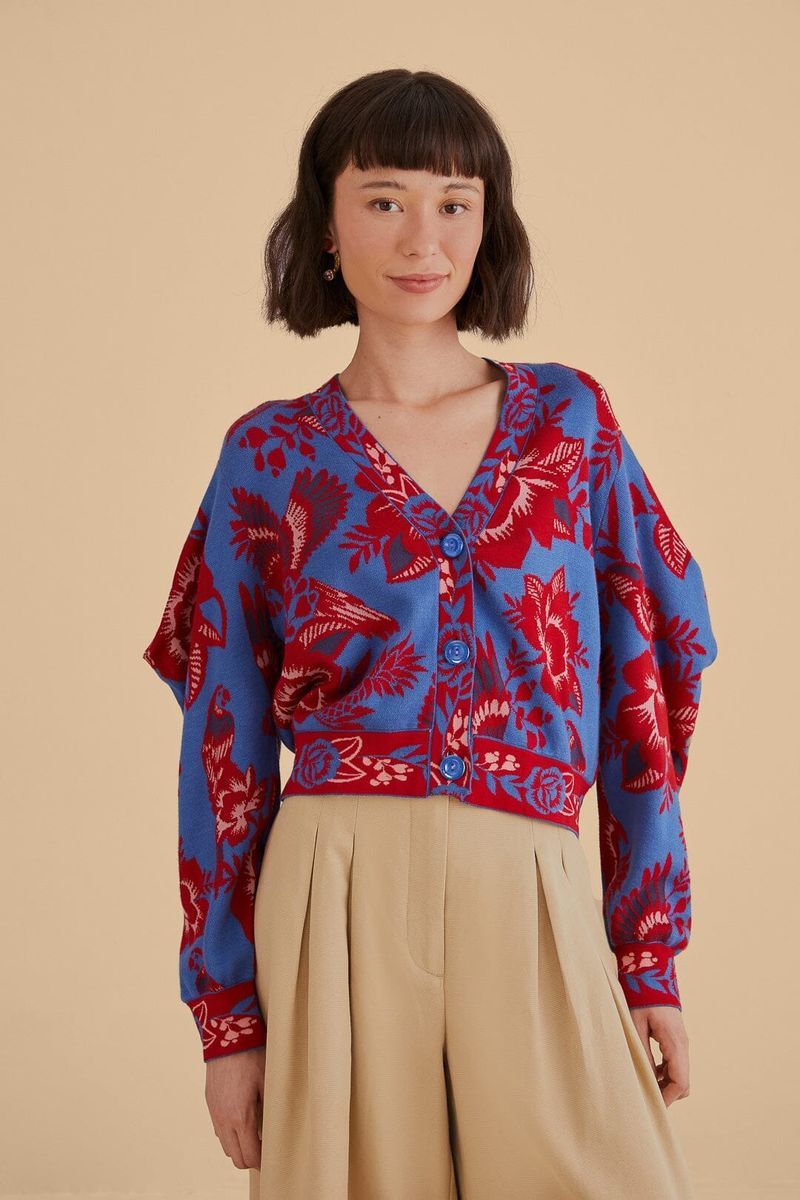 Strickjacke mit V-Ausschnitt und Blumenmuster