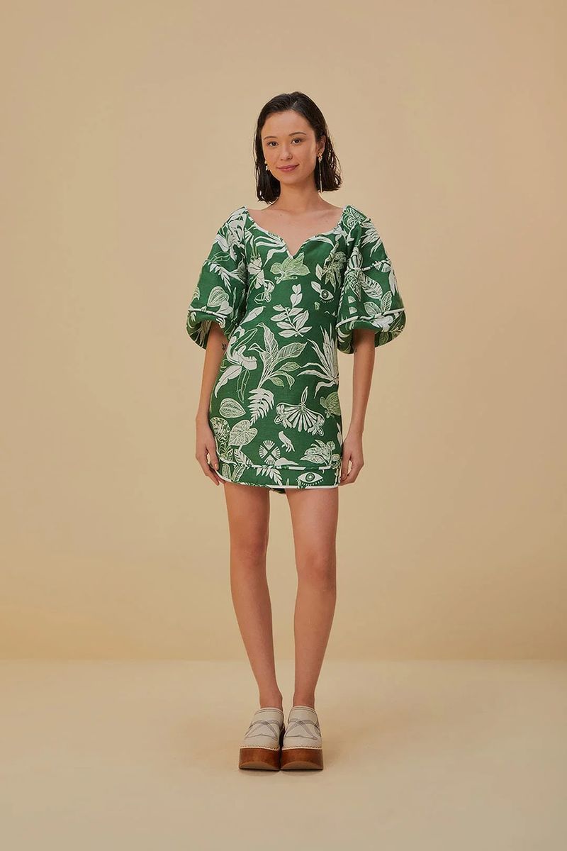 Grünes Mini-Kleid mit botanischem Druck