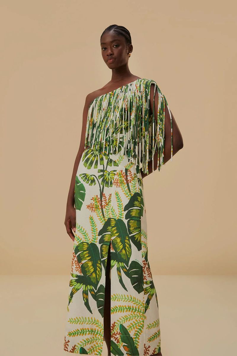 Tropicales bedrucktes One-Shoulder-Midikleid