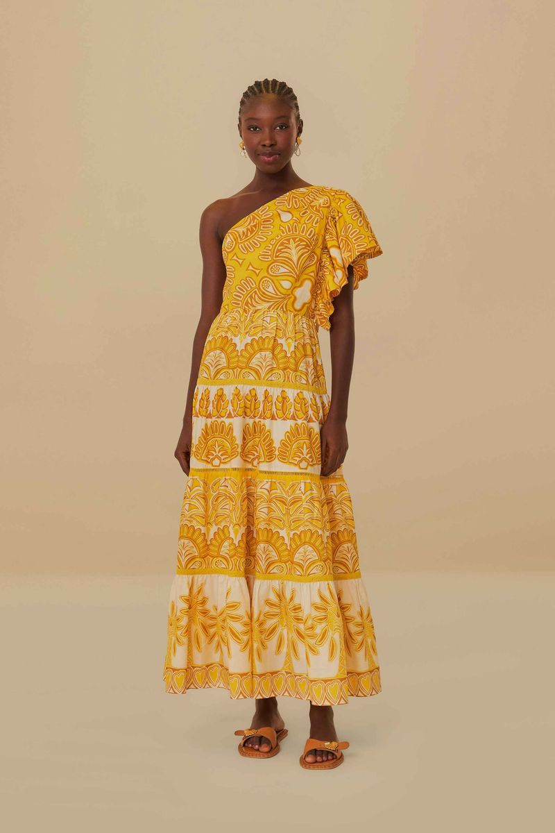 Gelbes Wandteppich-Maxikleid mit einer Schulter