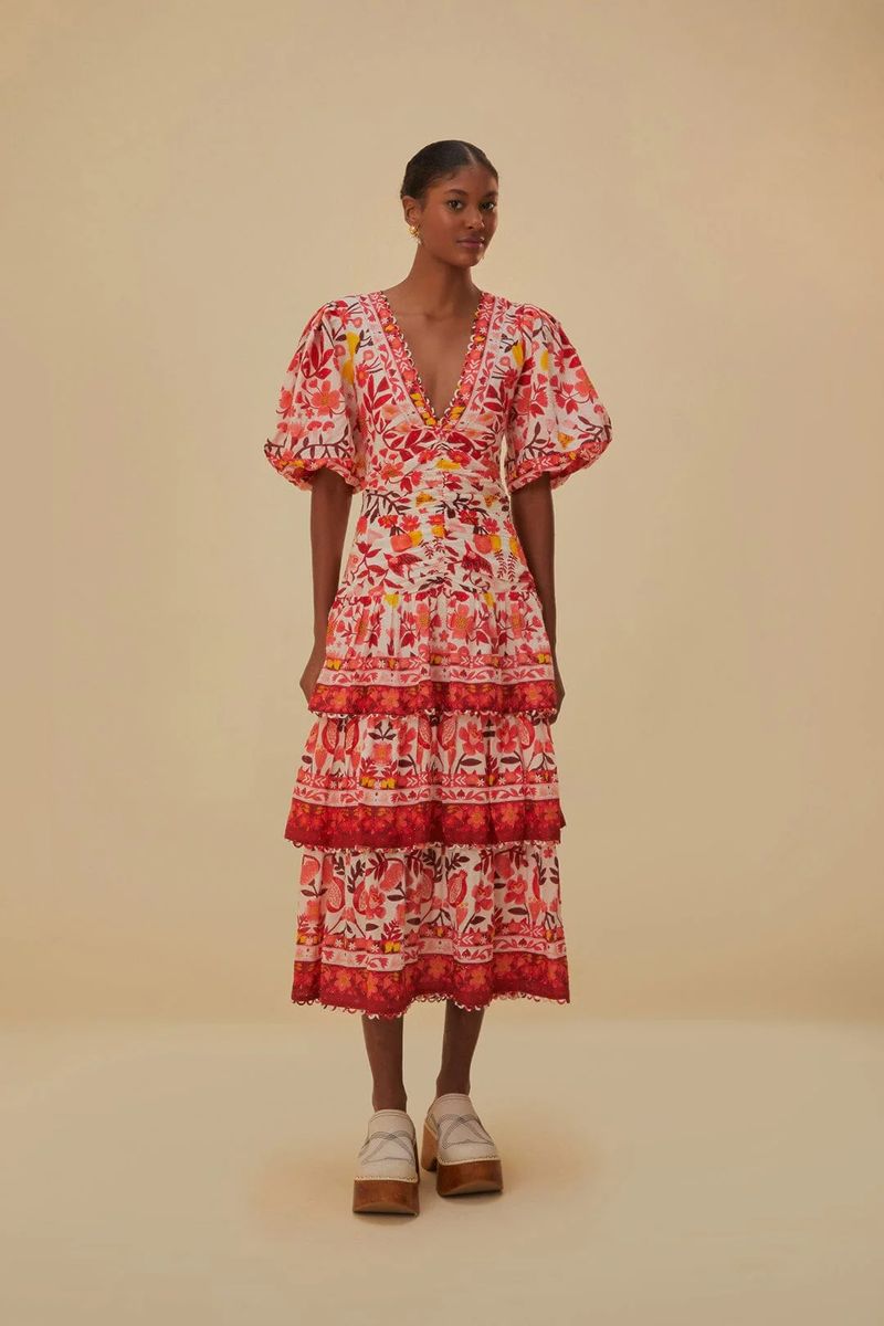 Romantisches, gestuftes Midikleid mit Blumendruck