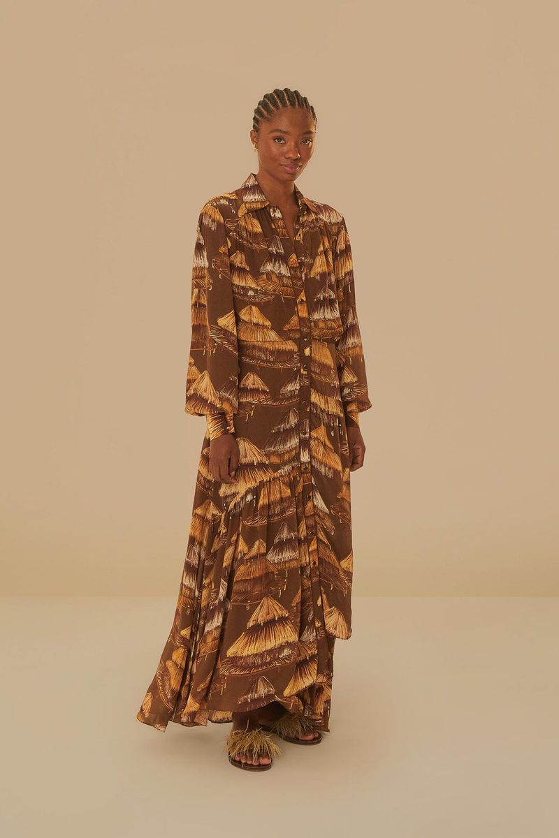 Fließendes Midikleid mit Print und langen Ärmeln