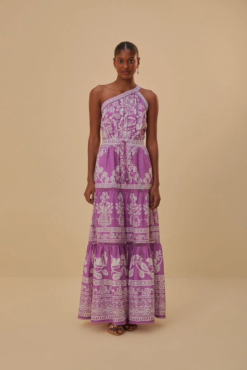 Romantisches Fliederfarbenes Blumen One-Shoulder Maxikleid