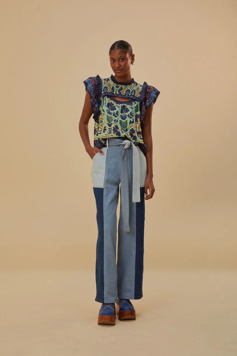 Patchwork-Denimhose mit Bindegürtel