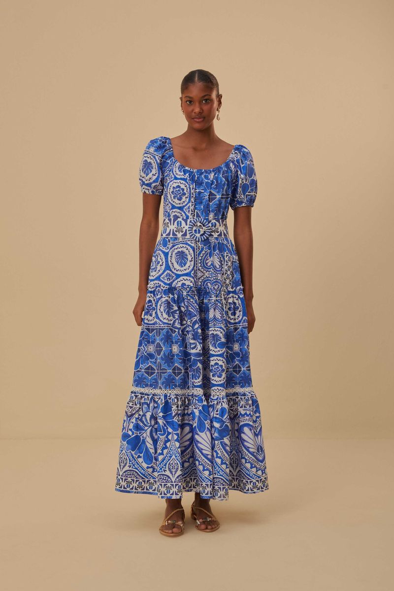 Maxikleid aus Baumwolle mit blauem Fliesenmuster