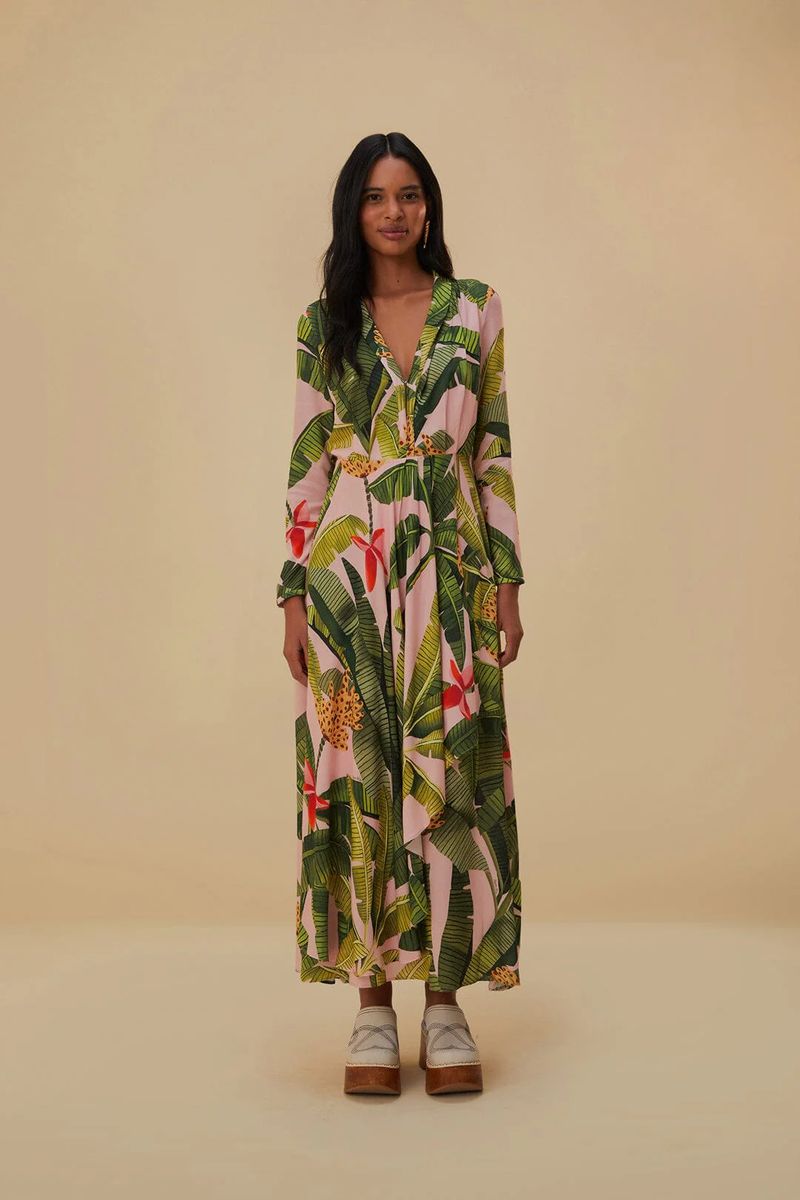 Maxikleid mit tropischem Muster und Ärmeln