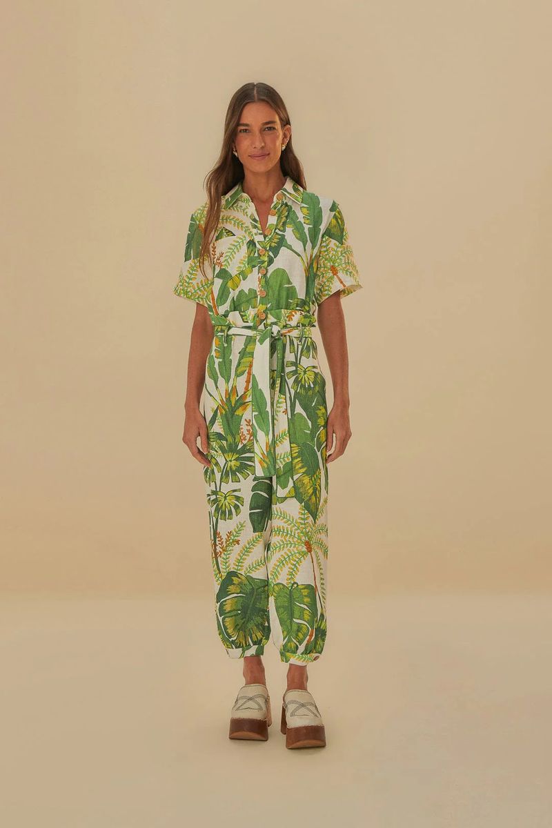 Jumpsuit aus Leinen mit tropischem Print und Gürtel