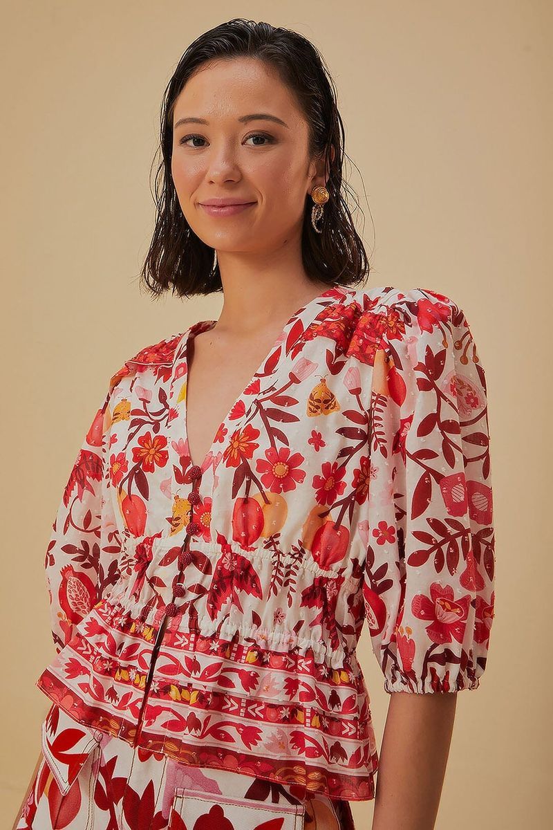 Kurze Bluse mit Blumenmuster und Puffärmeln