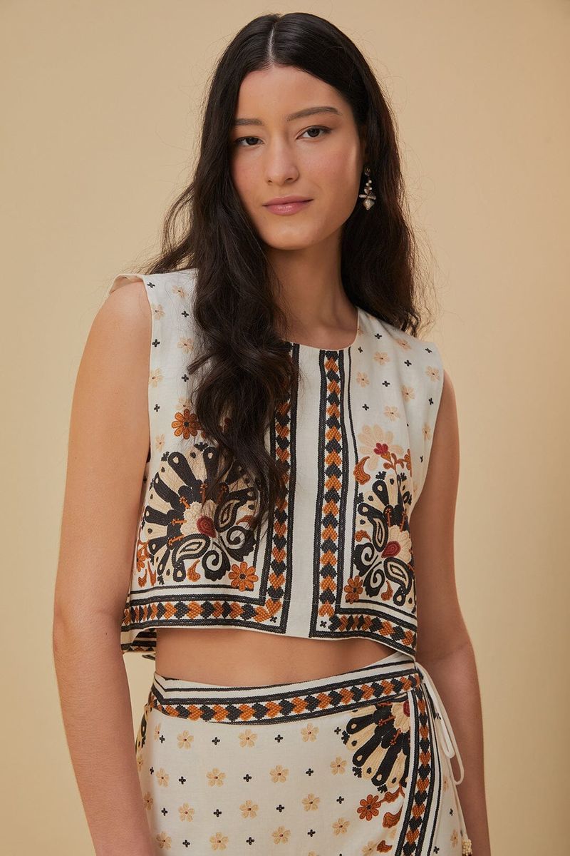 Geblümtes, ärmelloses Crop-Top mit Wandteppichmuster