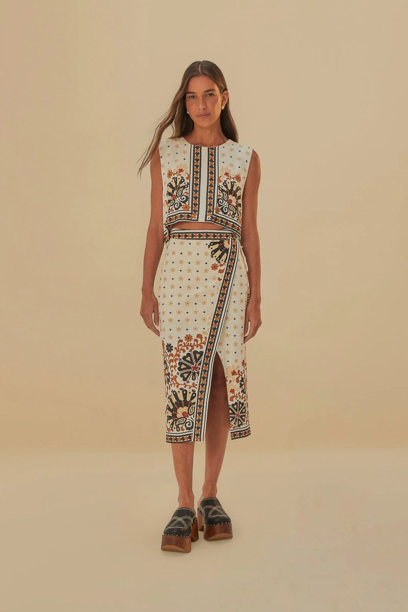 Off-White Wickelmidirock mit floraler Tapisserie