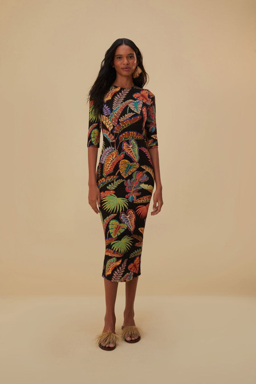 Jersey-Midikleid mit tropischem Print