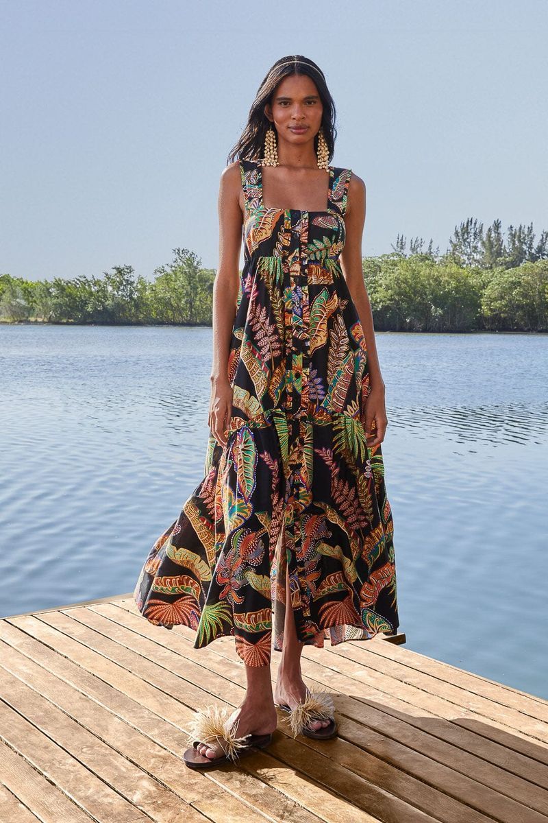 Ärmelloses Maxi-Sommerkleid mit tropischem Druck