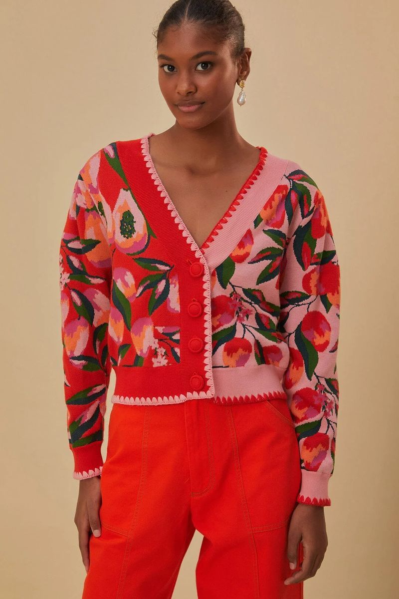 Strickjacke mit gemischtem Papaya-Blumenmuster