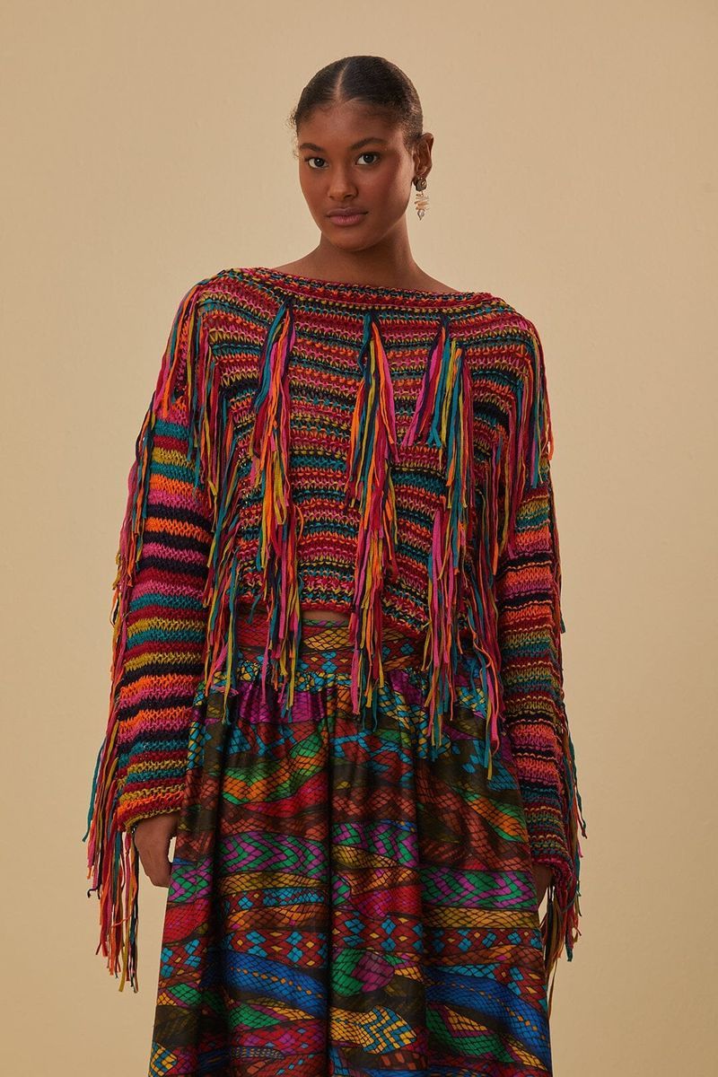 Bunter Streifen Strick Pullover mit Fransen