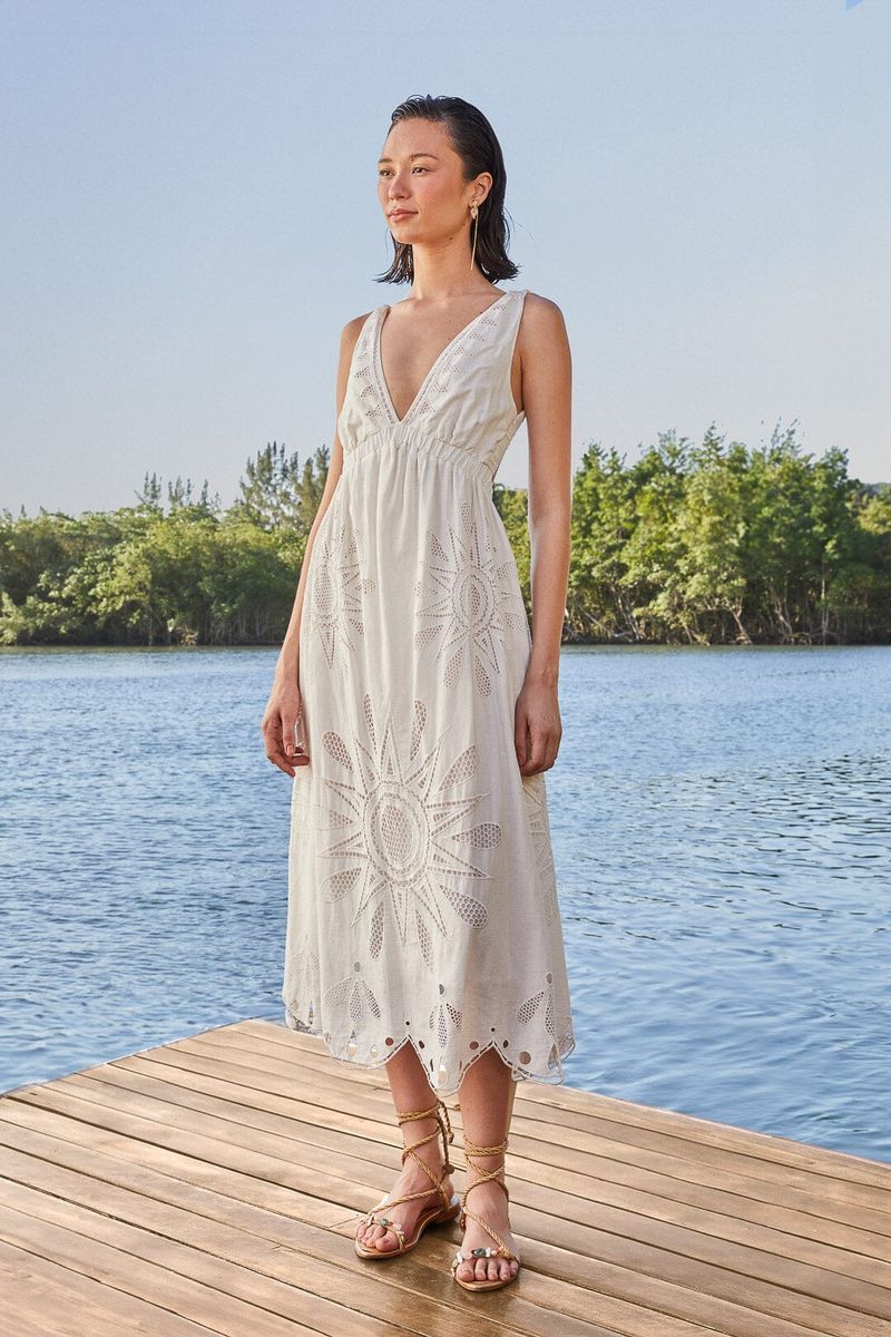 Maxikleid aus Leinenmischgewebe mit Lochstickerei