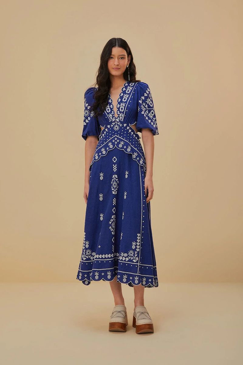 Besticktes Cut-Out Midikleid aus Leinenmischung