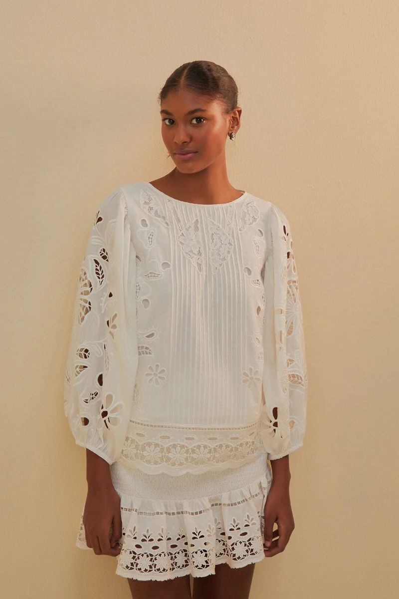 Elegante Richelieu Stickerei Bluse