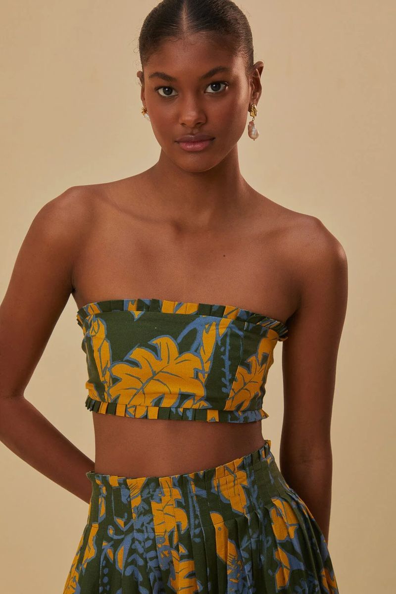 Trägerloses Crop Top mit Blattmuster