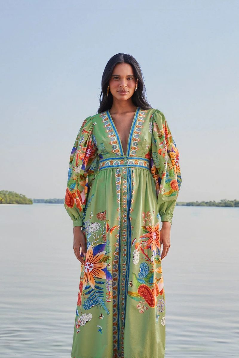 Grünes Maxikleid mit Blumendruck