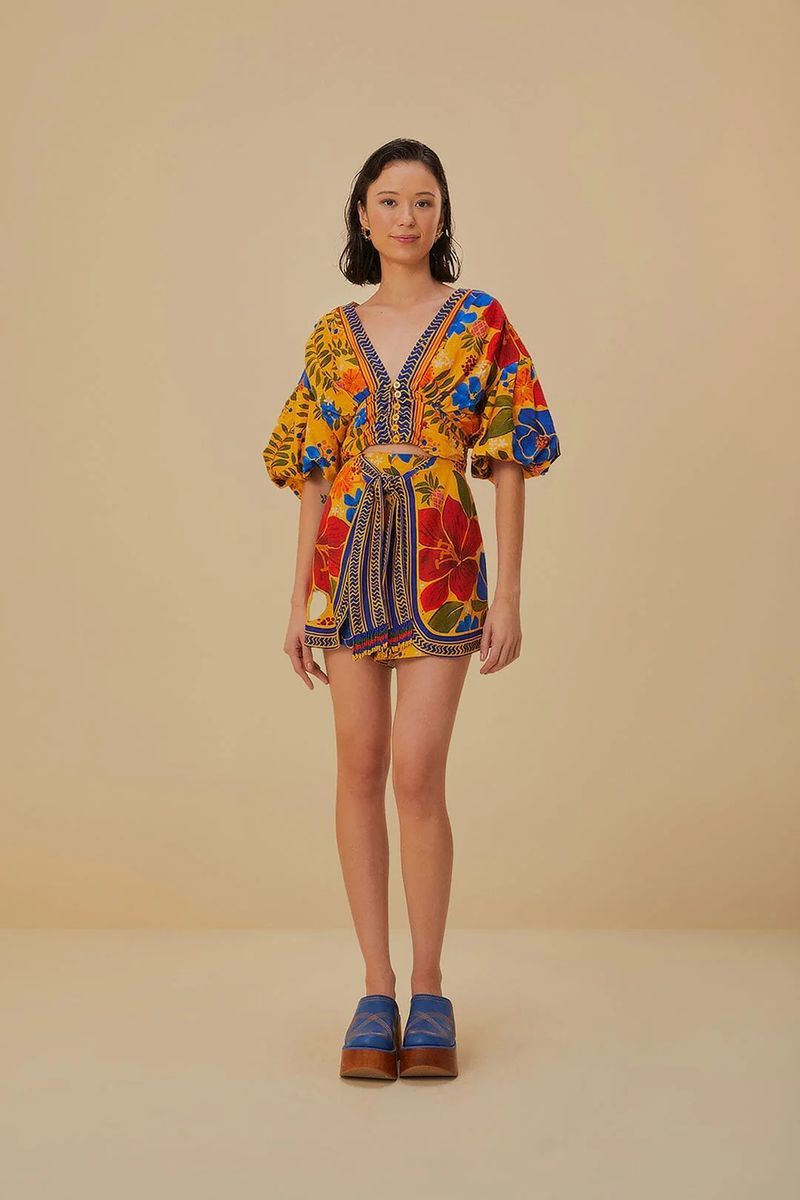 Lebhafte Leinen-Shorts mit Blumendruck