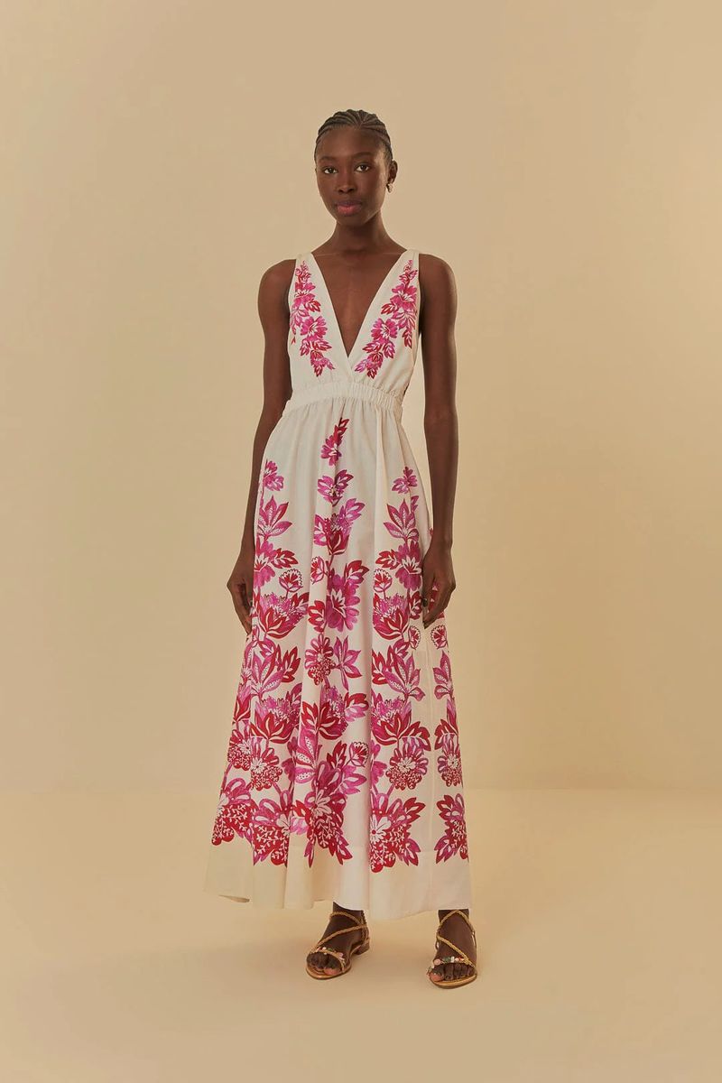 Blumenbesticktes Maxi-Kleid mit V-Ausschnitt