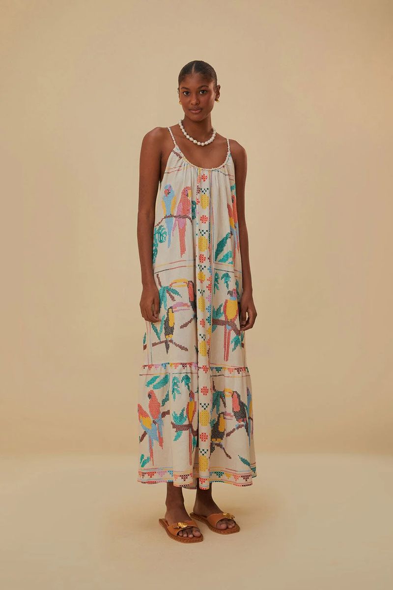Tropisches Maxi-Kleid mit Vogelstickerei