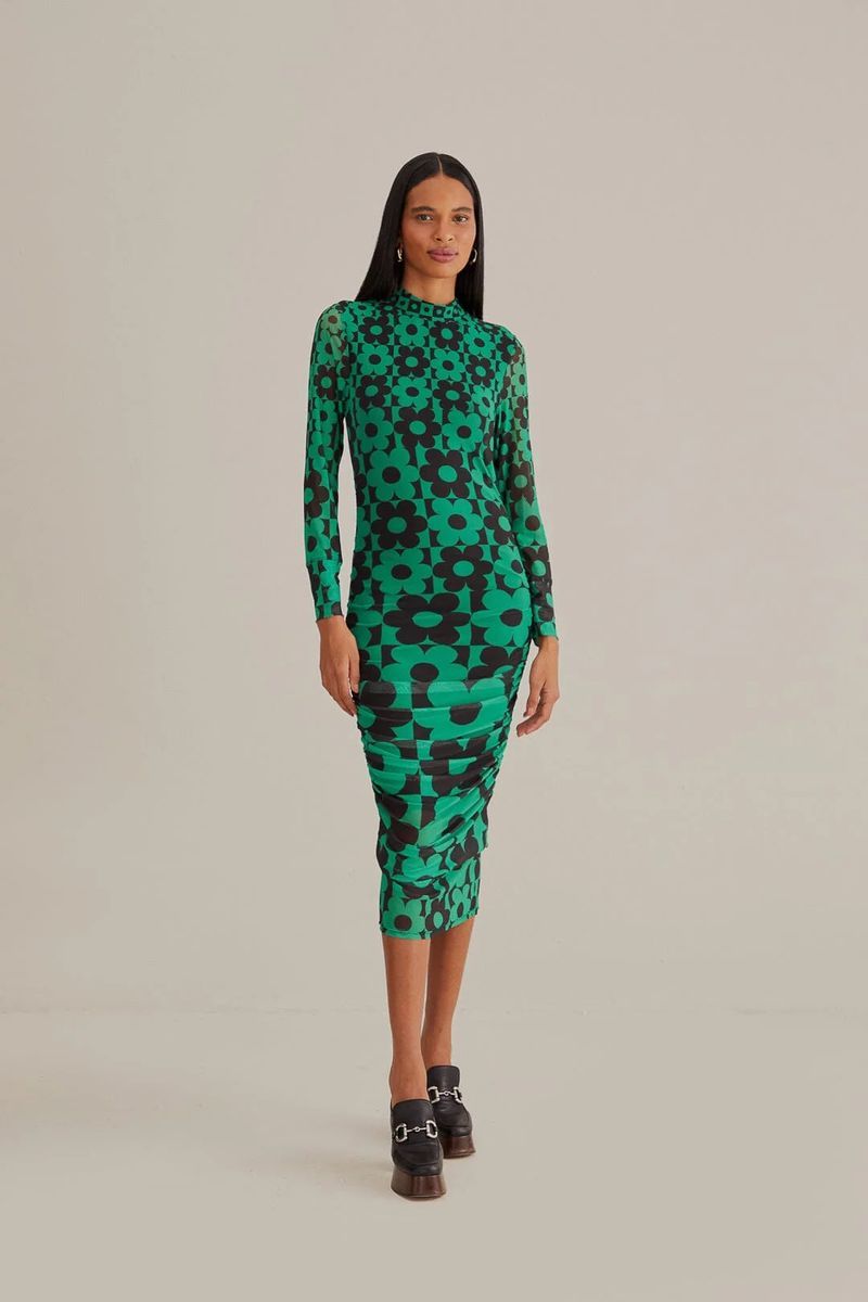 Grünes Tüll-Midikleid mit Blumenmuster