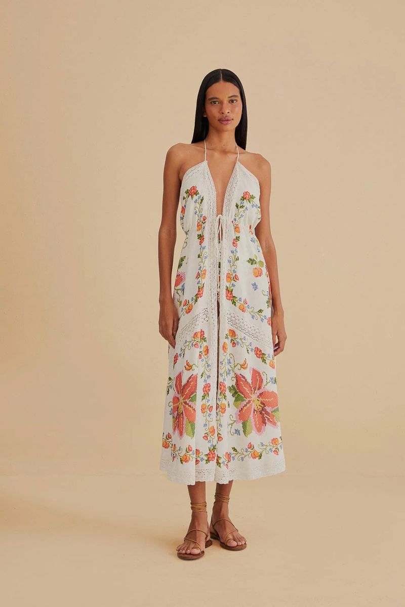Leinenmischungs-Wickelkleid mit Blumendruck