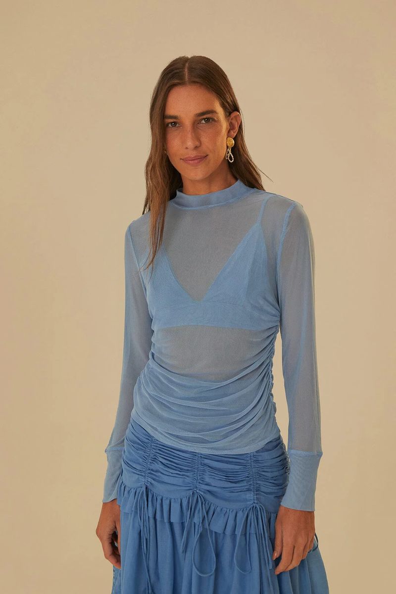 Transparentes blaues Tüll Langarm Top