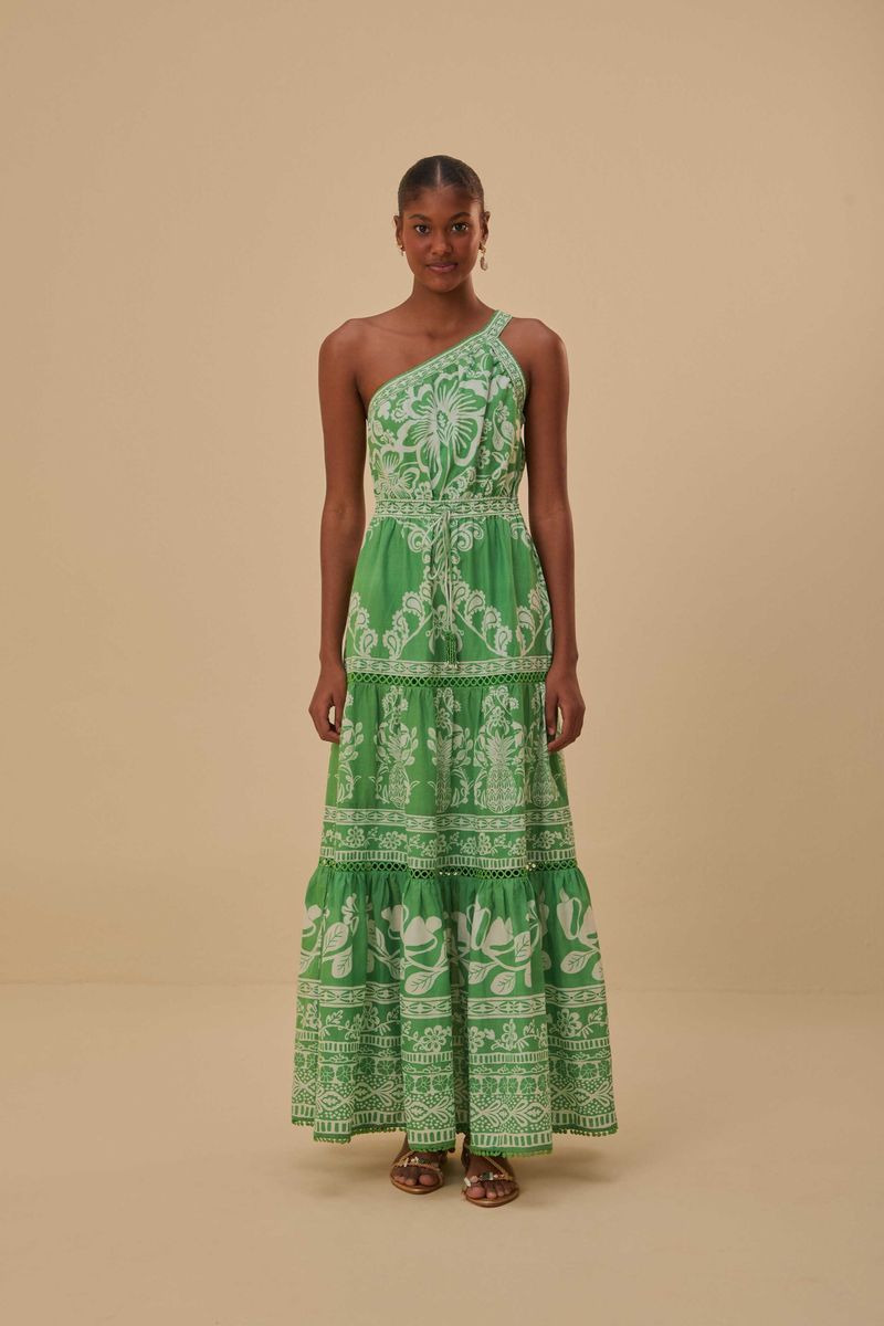 Grün-weißes One-Shoulder Maxikleid