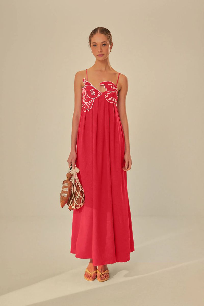 Rotes Maxikleid mit Fischstickerei