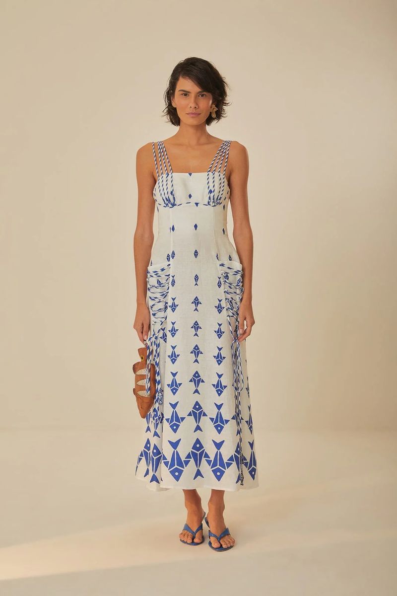 Off-White Maxikleid aus Leinen mit Fischmuster