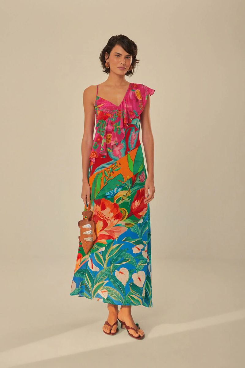 Vibrantes, geblümtes One-Shoulder-Midikleid