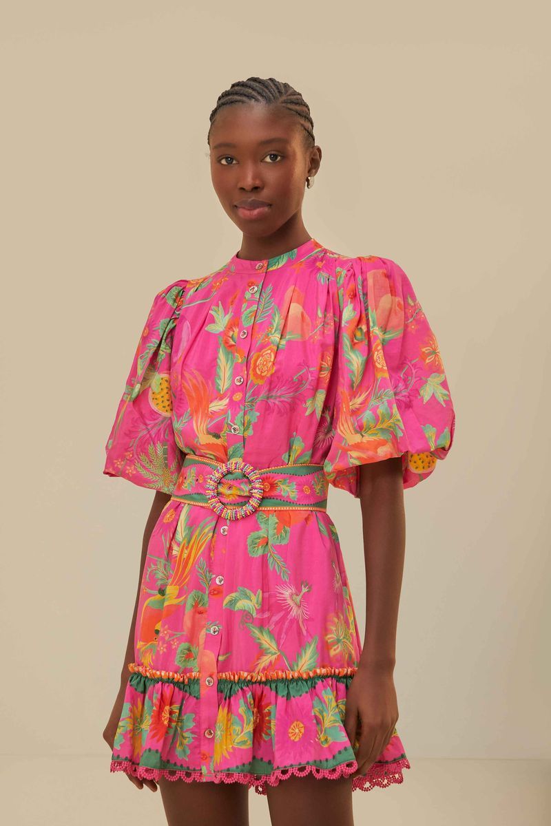 Mini-Kleid mit tropischem Druck und Puffärmeln