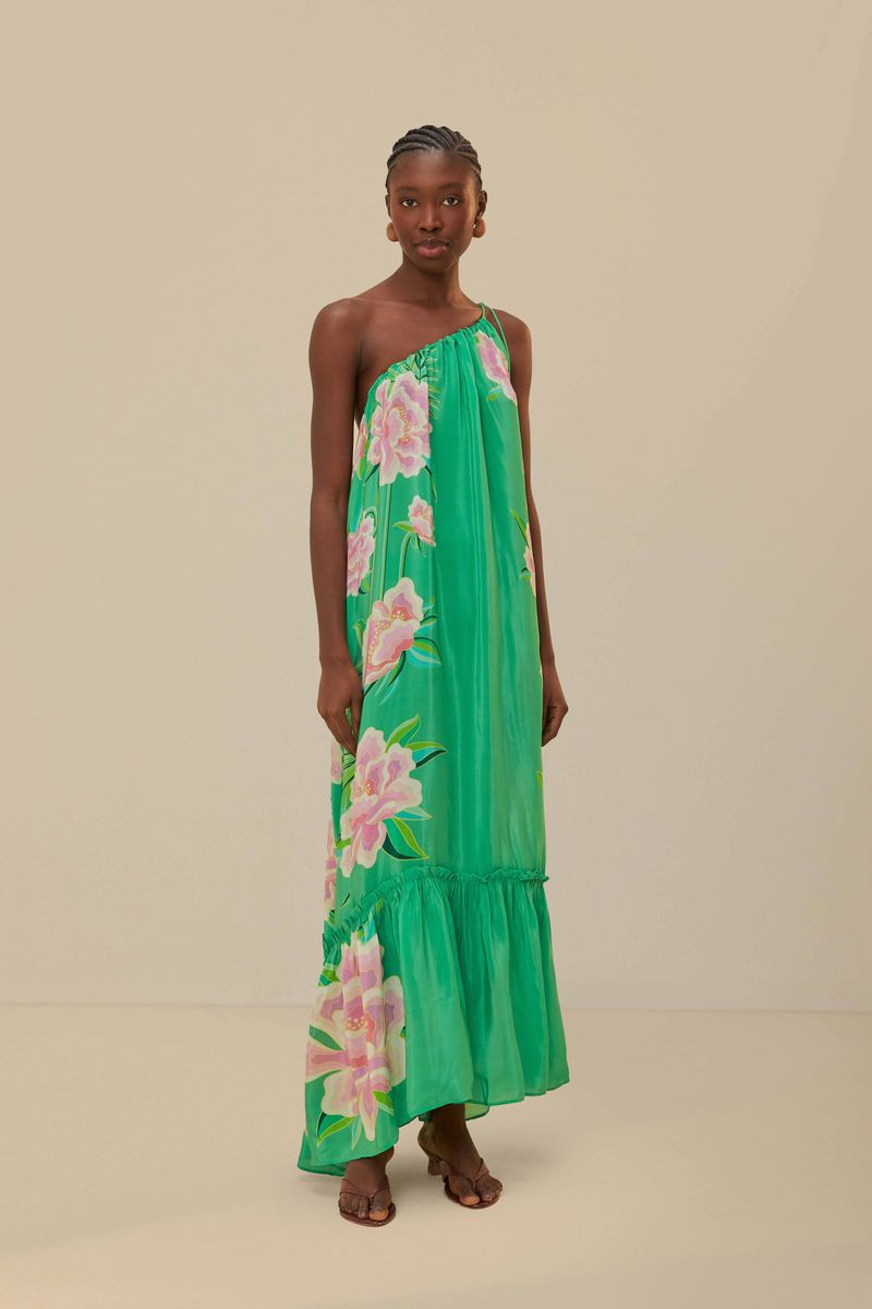 Grünes florales One-Shoulder-Maxikleid