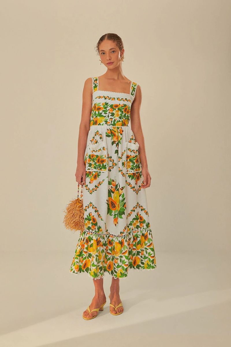 Weißes Maxikleid mit Papaya-Print