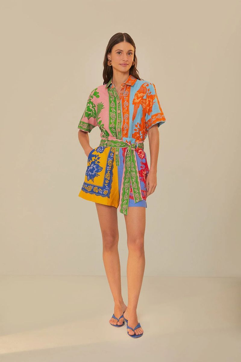 Romper-Overall mit gemischten Prints und Bindegürtel