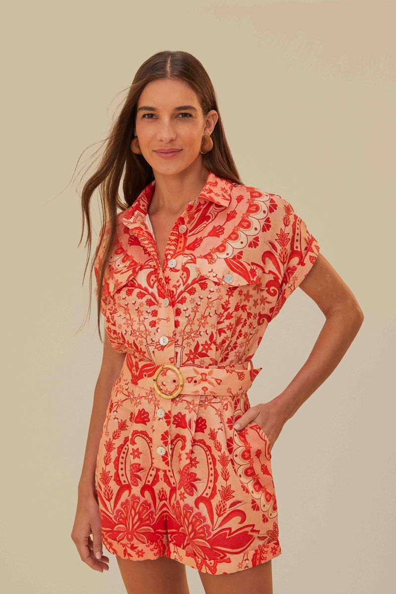 Leinen-Romper mit Jaipur-Print und Gürtel