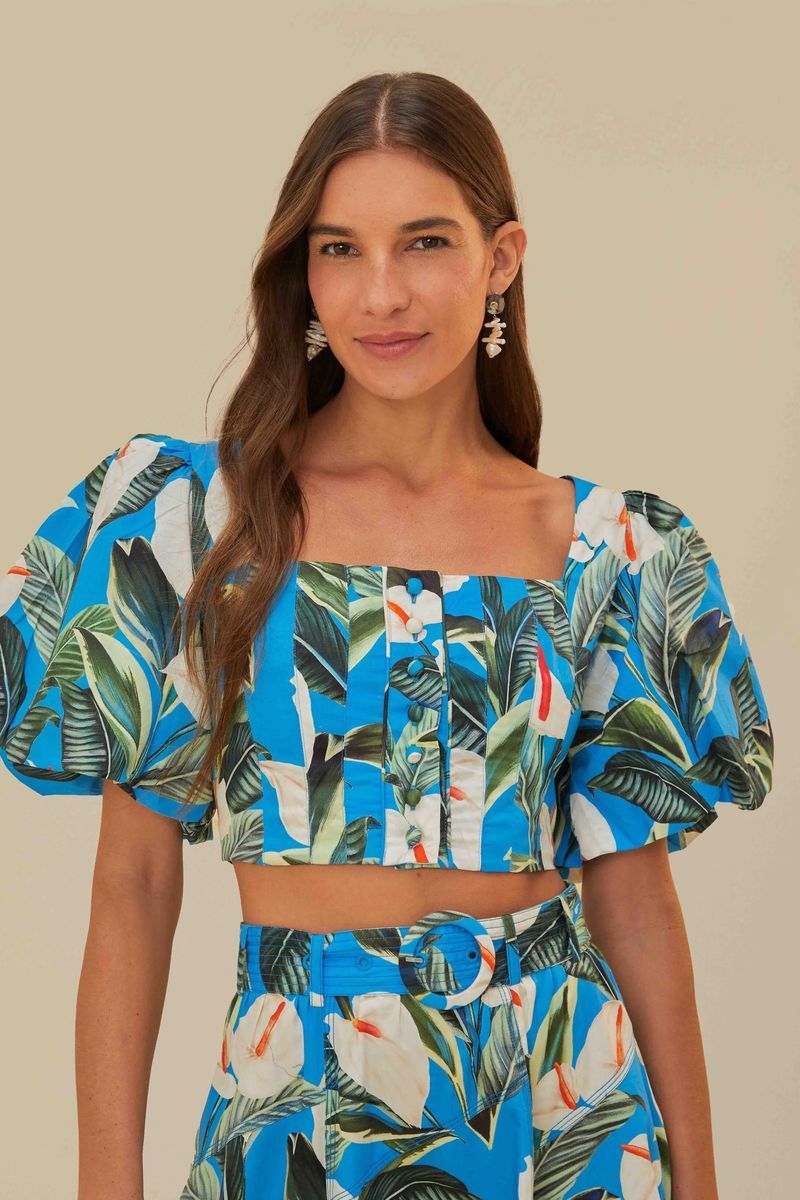 Crop Top mit Blumenmuster und Puffärmeln