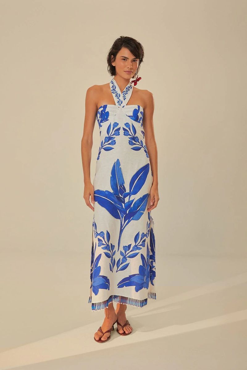 Blaues Maxikleid mit botanischem Muster
