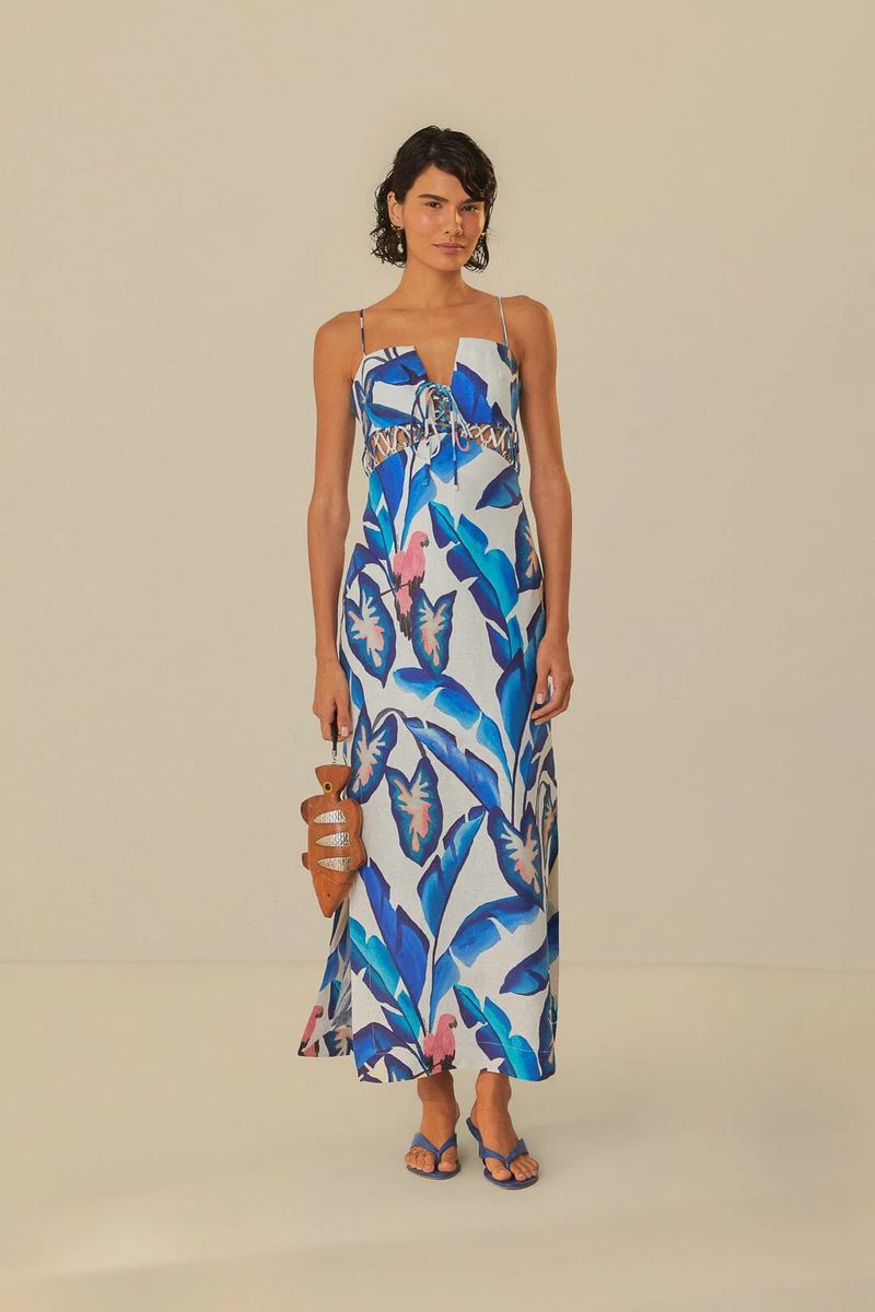 Maxi-Kleid mit blauem Blattmuster